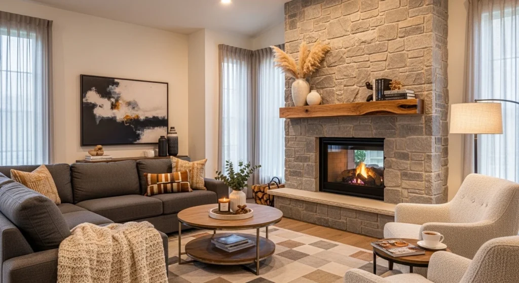 Living room with sleek modern fireplace, stone surround, cozy seating