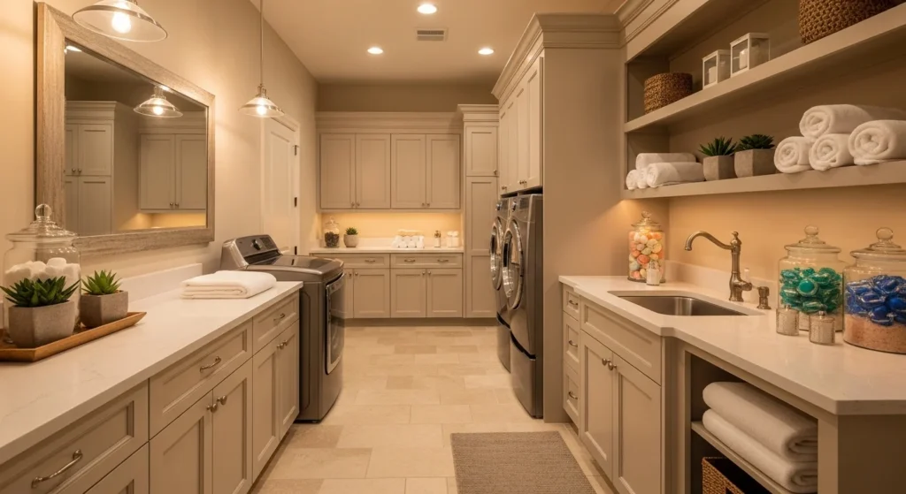 Calm spa-style laundry room with soft beige tones and warm lighting