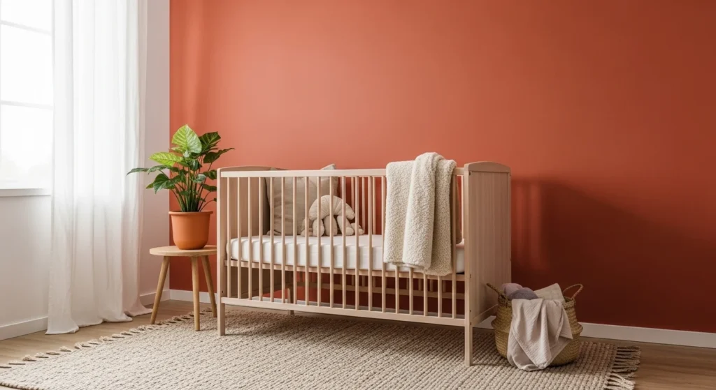 Nursery with terracotta accent wall and wooden crib