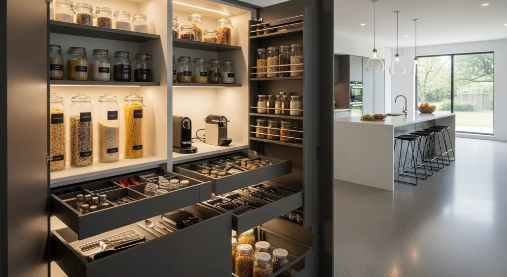 Pantry with hidden drawers storing snacks and utensils, modern minimalist design