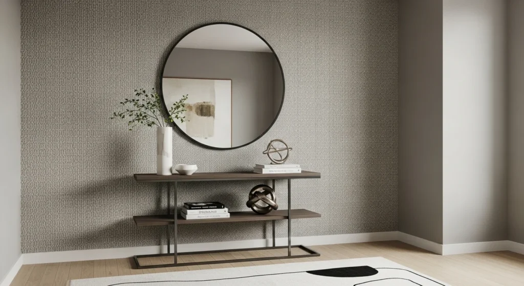 Stylish entryway featuring textured wallpaper and modern furnishings