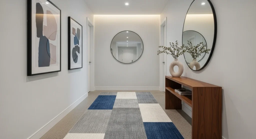 Long hallway with decorative runner rug and modern interior design