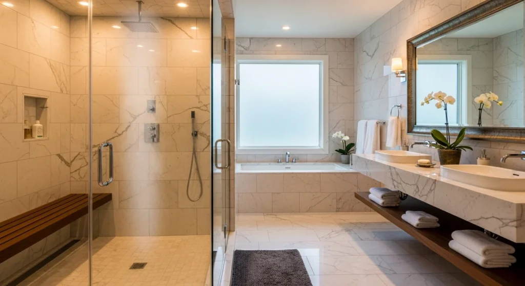 Luxury steam shower with glass enclosure, warm lighting, and spa-inspired interior