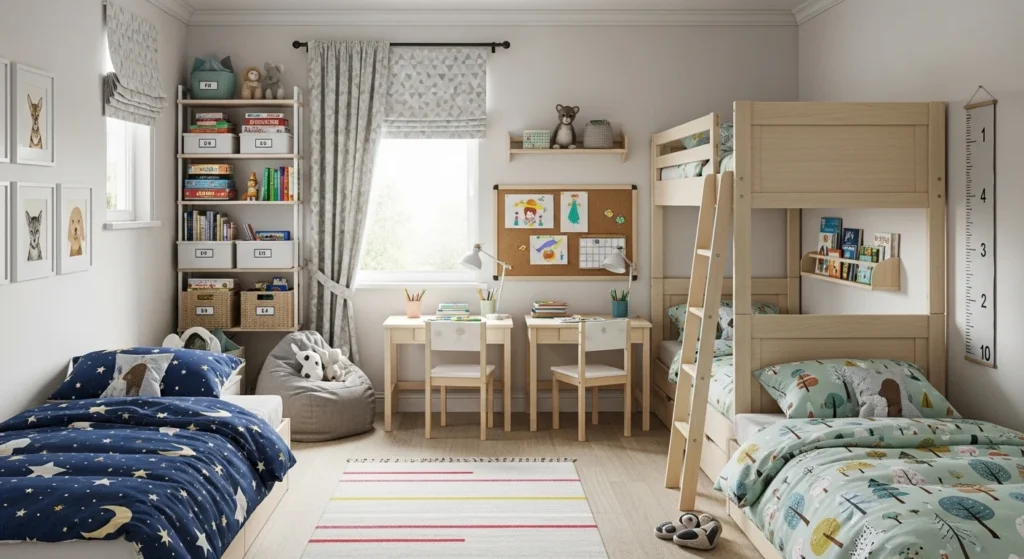 : organized shared sibling bedroom with balanced layout