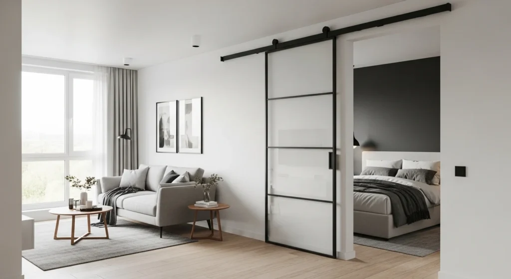 Apartment featuring modern sliding doors saving space and improving layout