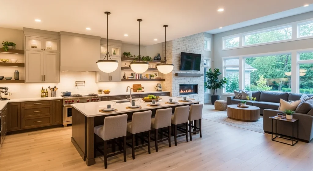 Open kitchen living room designed as a social hub with island seating and cozy modern atmosphere
