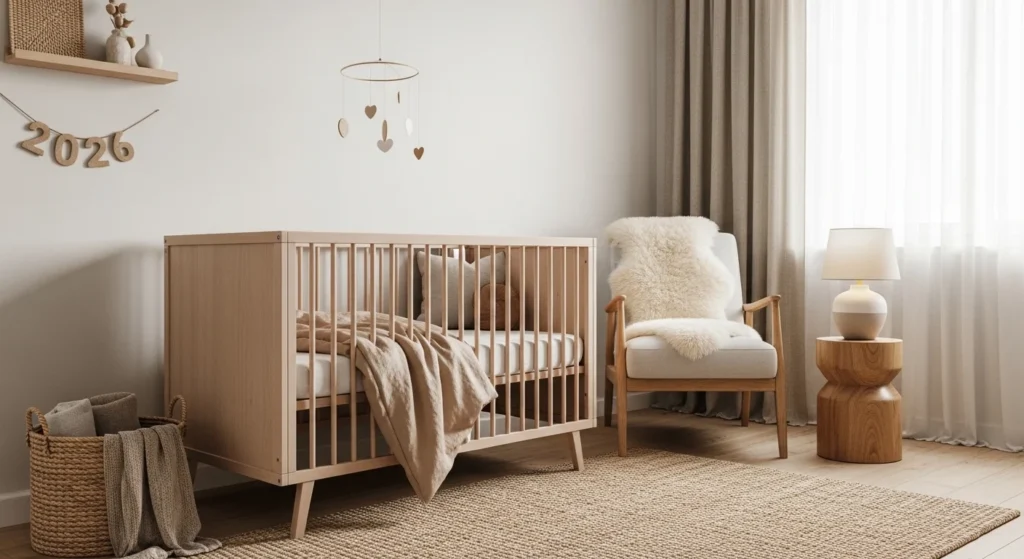 Organic modern nursery with wooden crib, neutral bedding, natural textures, cozy 2026 interio