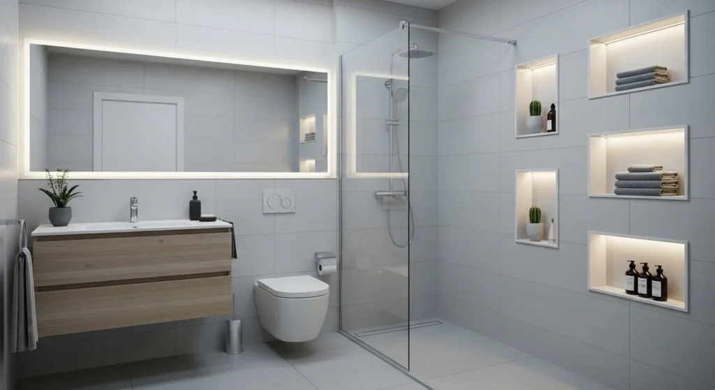 Small bathroom with recessed wall niches for toiletries, sleek modern 2026 interior