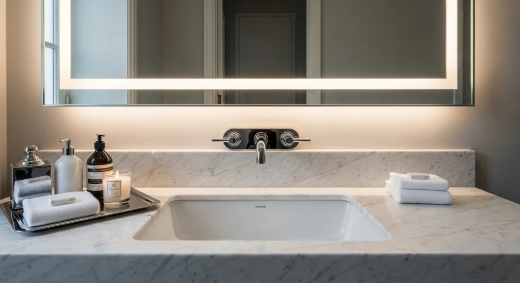 Elegant hotel-inspired bathroom sink decor with towels, tray, and ambient lighting