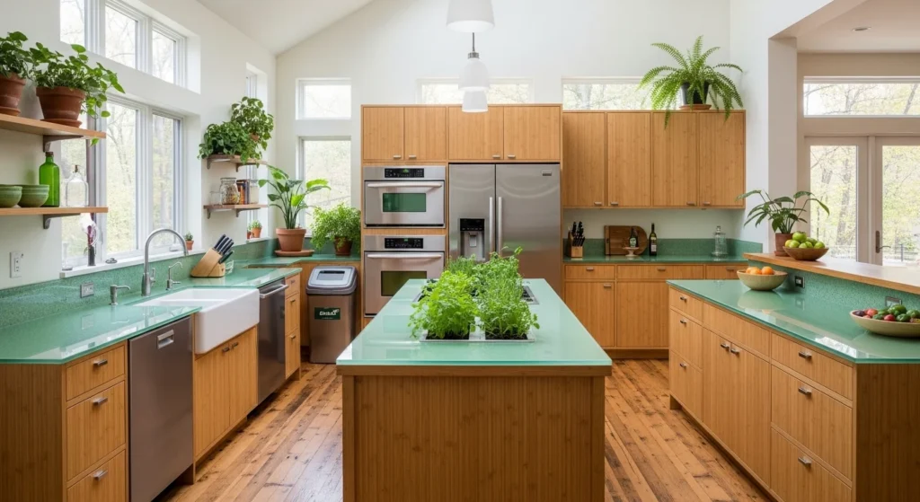 Sustainable green kitchen with natural materials and bright eco-conscious interior