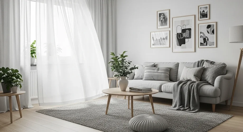 Nordic living room with soft linen curtains and bright airy atmosphere