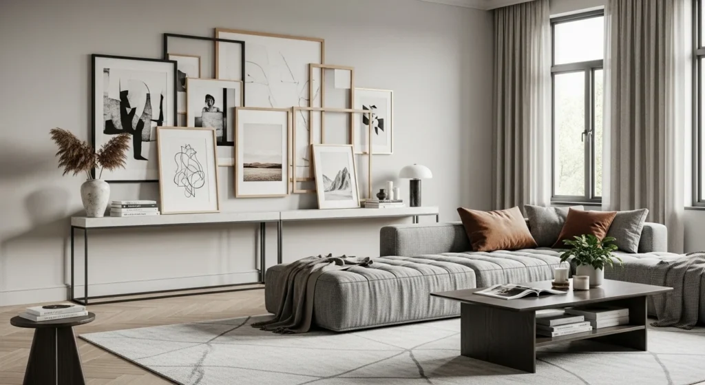 Coastal-inspired artwork with soft blues and natural tones in a relaxing living room