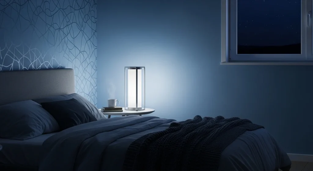 Combination of table and wall lamps creating cozy layered bedroom lighting