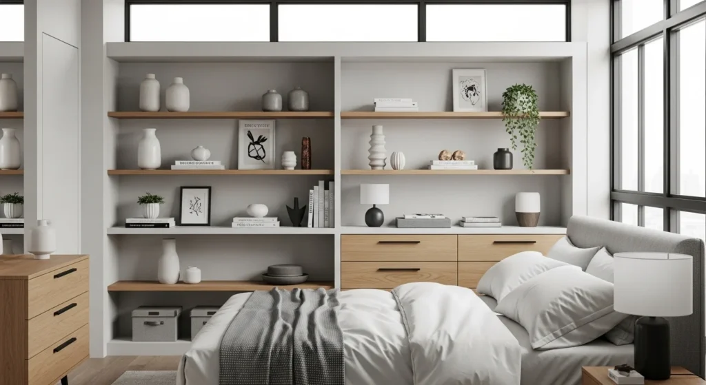 Modern bedroom with minimal open shelving displaying decor and essentials