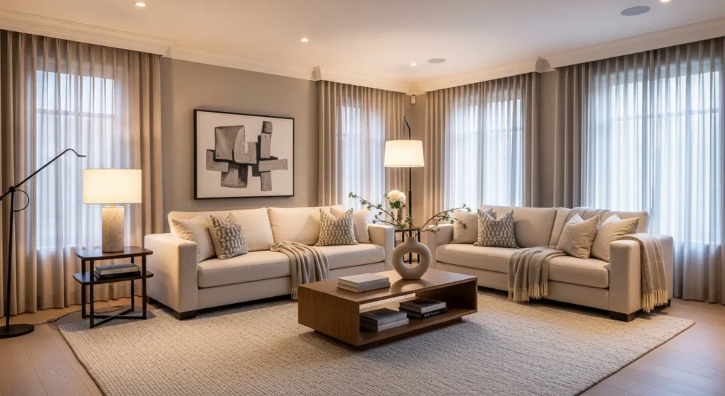Elegant neutral-toned living room with plush sofa and soft textures, showcasing 2026 luxury interior trends