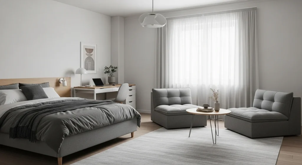 Grey bedroom with multi-functional furniture like foldable desk and storage bed for modern 2026 interior