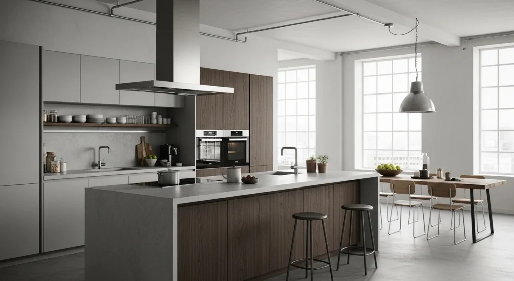 Minimalist industrial kitchen with concrete countertops, handleless cabinets, and metal accents in sleek 2026 interior