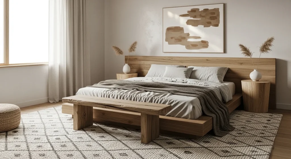 Master bedroom blending Scandinavian and Japanese design with natural materials and calm aesthetic