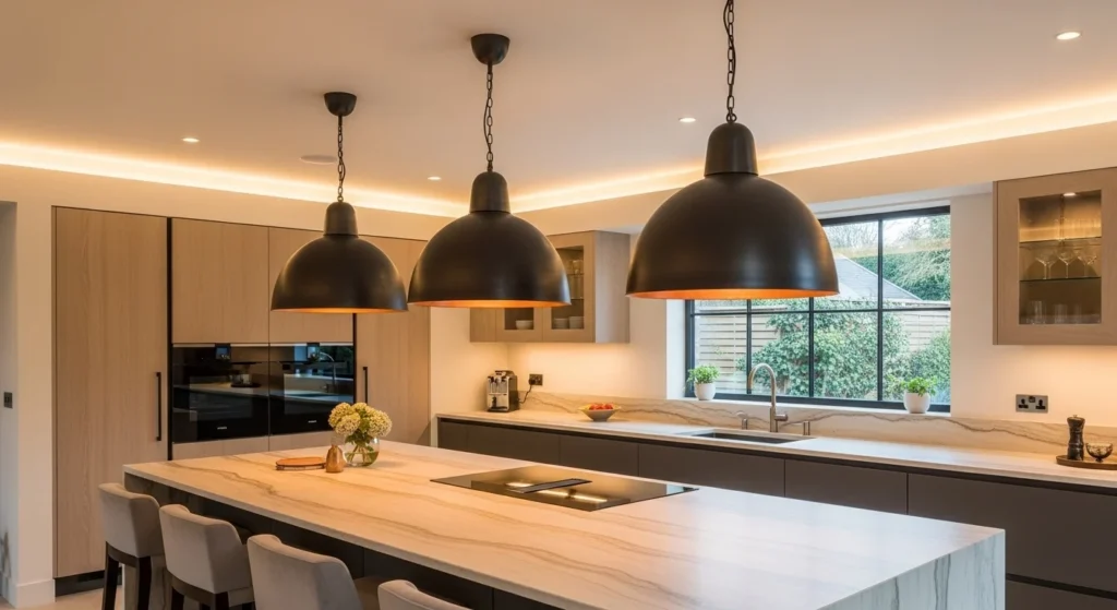 Contemporary kitchen island featuring bold pendant lighting design