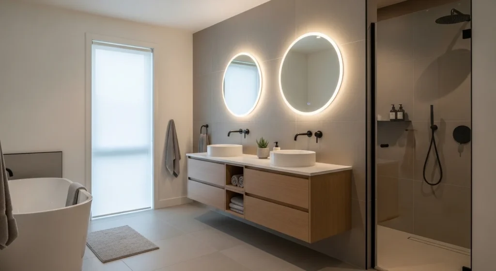 calm modern bathroom designed for everyday comfort with neutral tones