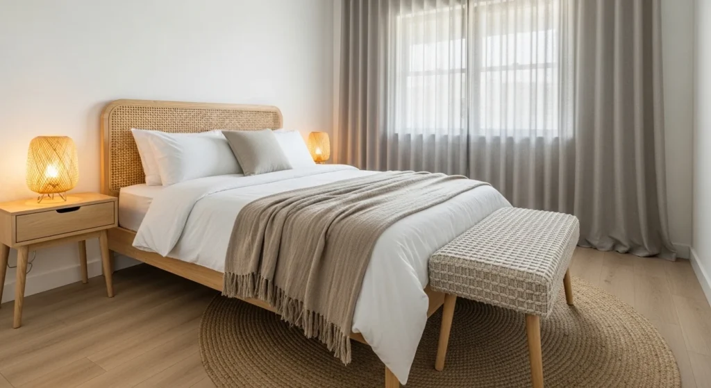 small bedroom styled with indoor plants and natural textures creating calming atmosphere