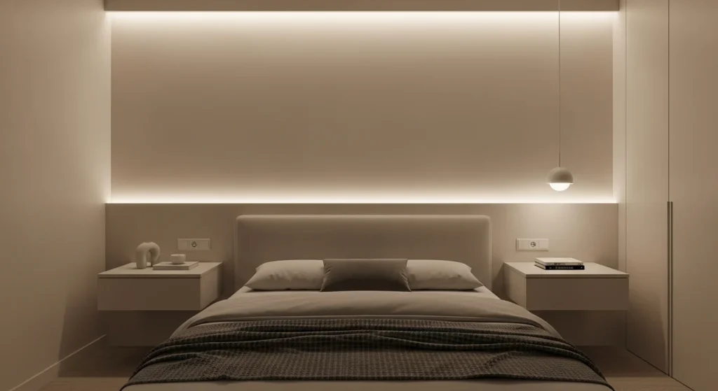 Minimal neutral bedroom with floating nightstands creating a clean modern appearance.