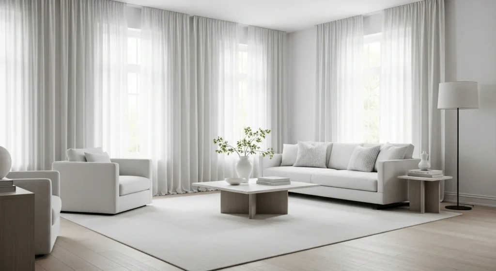 Elegant white living room styled with soft sheer curtains and natural light
