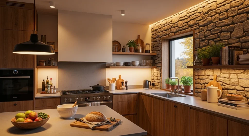 Cozy kitchen combining wood, metal, and stone textures for layered warmth
