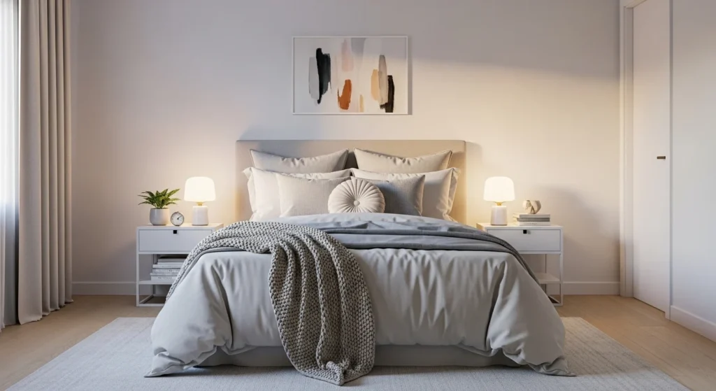 peaceful girls bedroom designed for comfort with soft neutral bedding and cozy styling