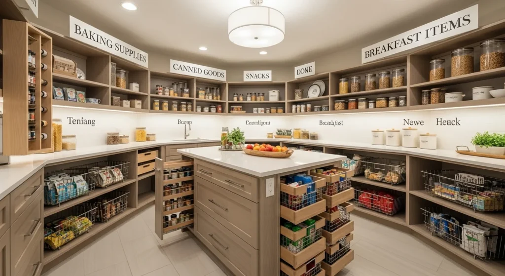 Walk-in pantry designed with clearly zoned storage areas for efficient daily use