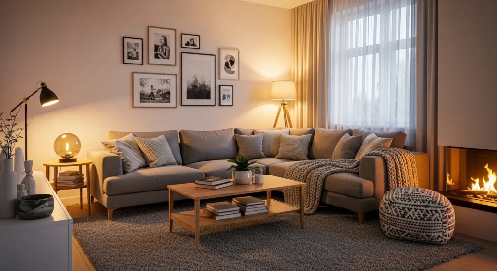 Comfortable gray living room designed for everyday family living.