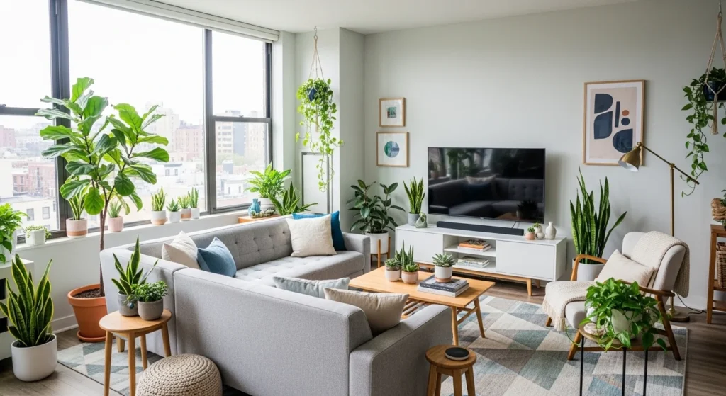 Modern apartment living room decorated with indoor plants for fresh natural feel