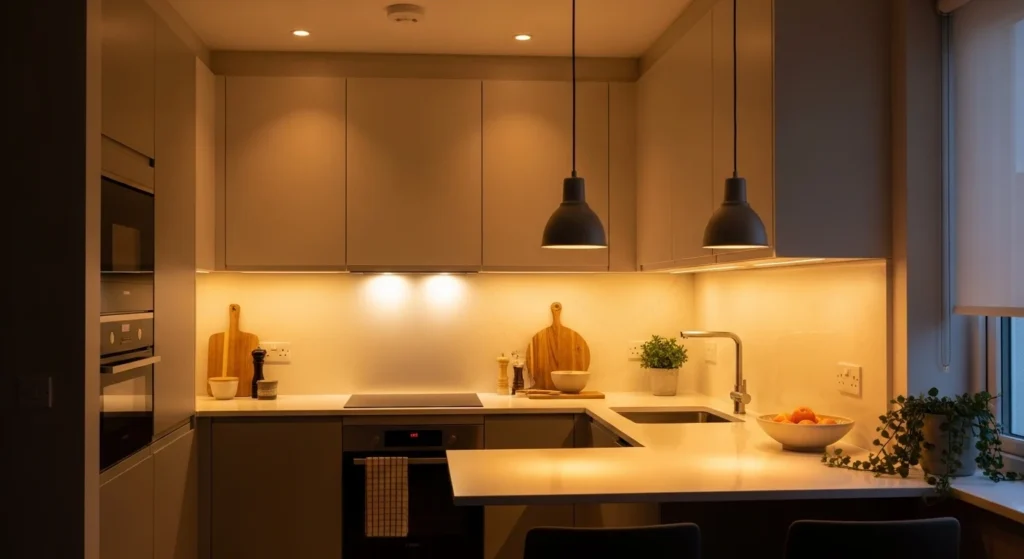 Cozy small kitchen enhanced with layered ambient lighting for depth and warmth
