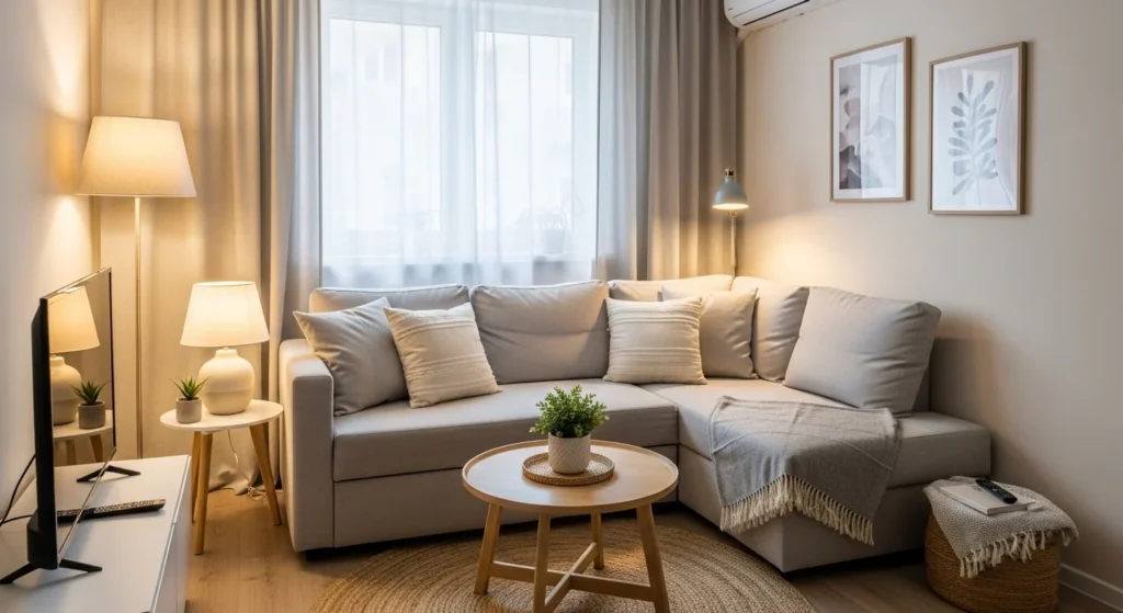 Calm compact living room designed for everyday comfort with balanced modern styling