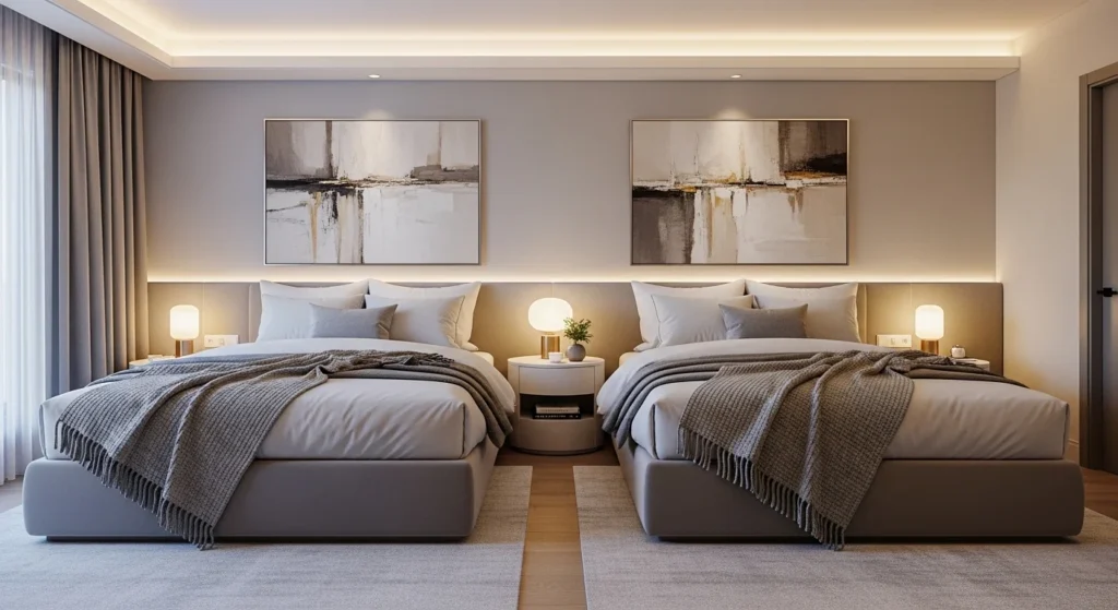 Guest bedroom with twin beds in a symmetrical modern layout