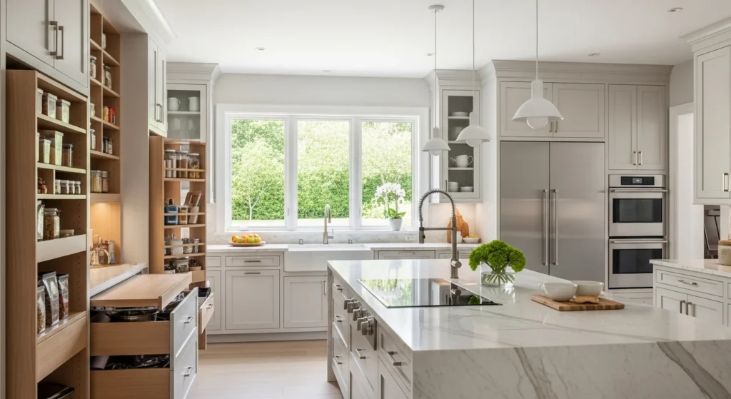 Organized kitchen remodel featuring built-in pantry storage for a clean layout.