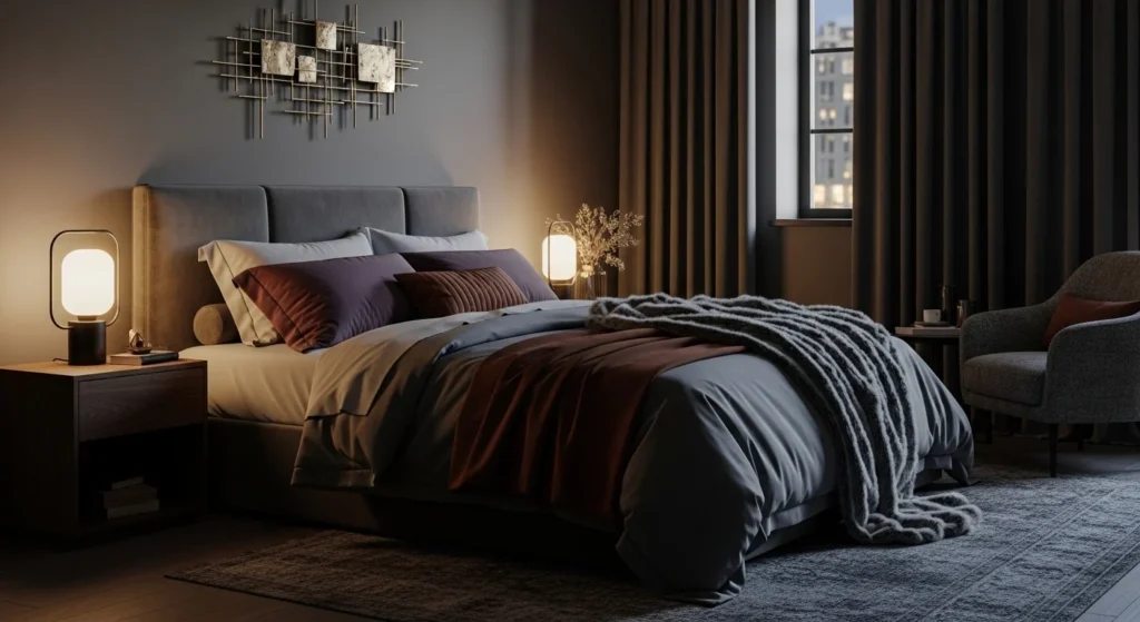 Cozy bedroom styled with deep warm colors creating intimate relaxing atmosphere