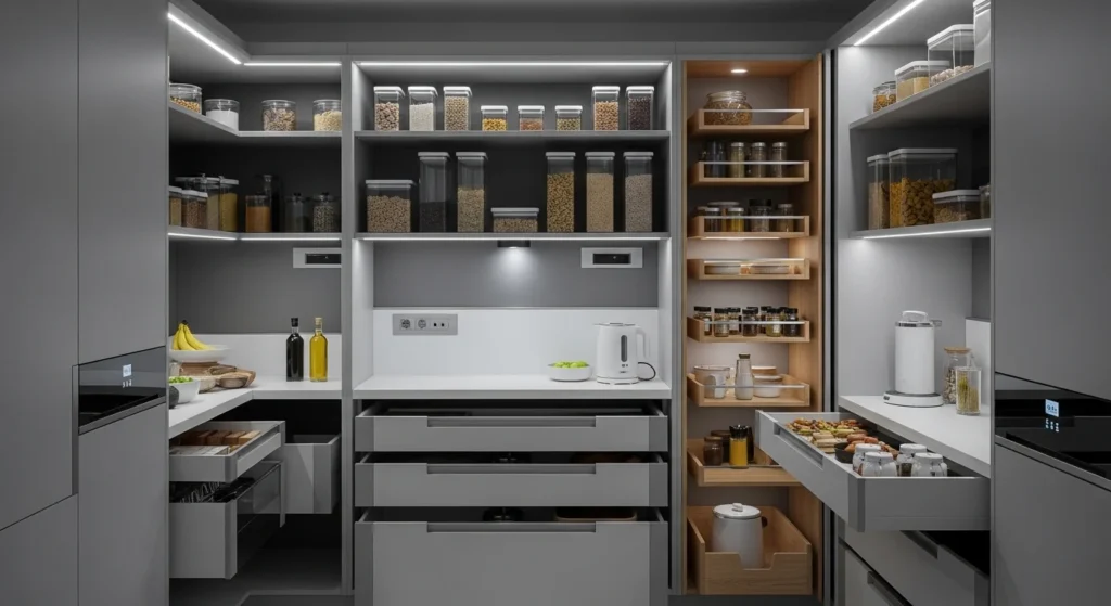 Modern smart pantry with motion lighting and organized storage zones