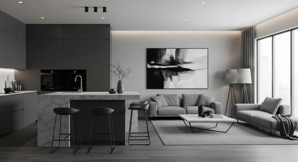 Elegant monochrome open kitchen living room styled in coordinated grey tones