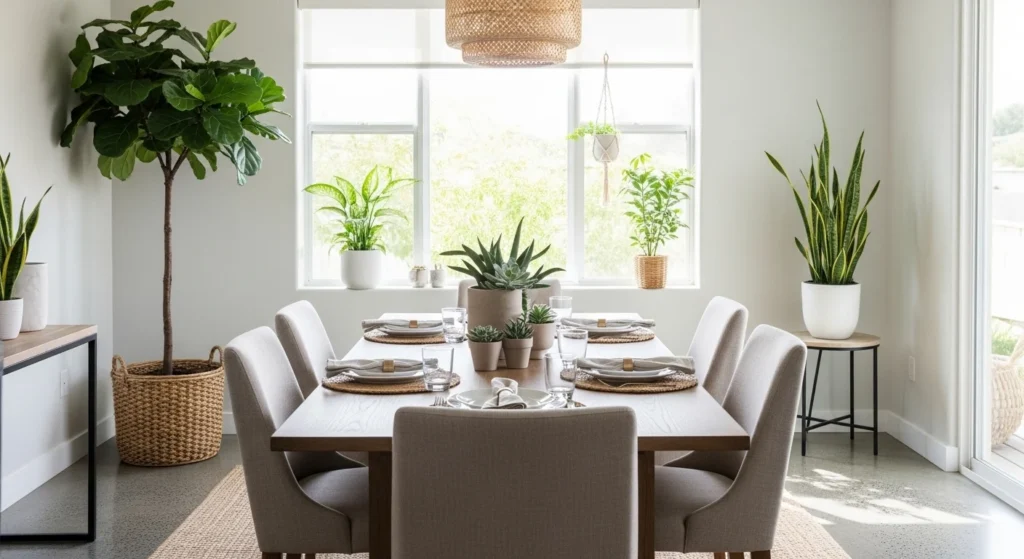 Modern dining room enhanced with greenery and natural sunlight