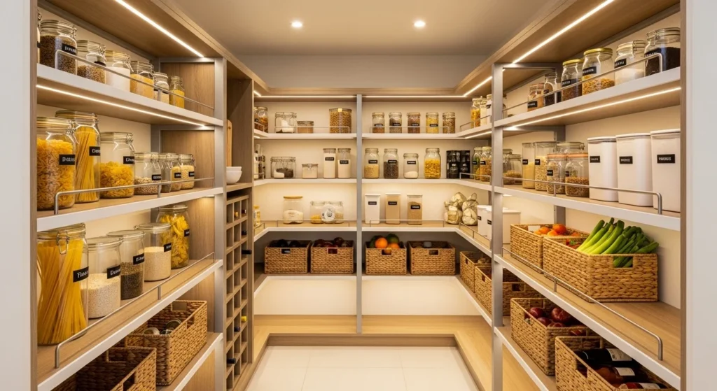 slim galley walk-in pantry with storage on both sides