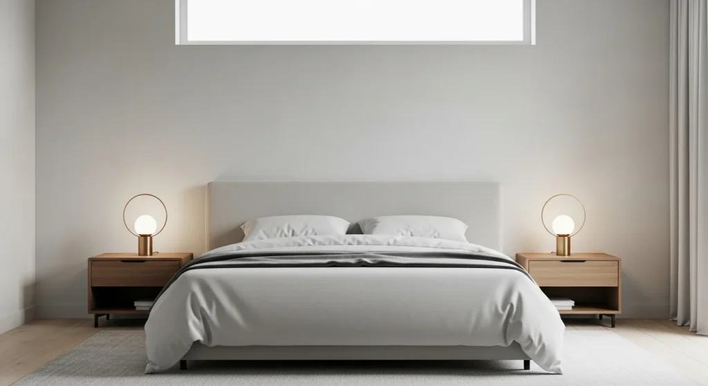 Balanced minimalist bedroom with symmetrical furniture arrangement