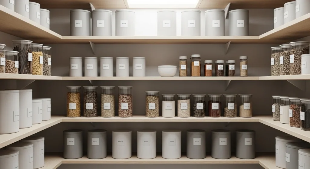 Clean minimalist pantry with neutral containers and clutter-free shelving.