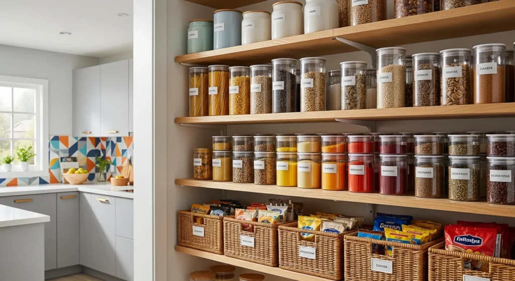 Aesthetic pantry shelves arranged by color creating a visually organized kitchen