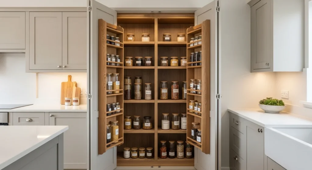 Hidden pantry opened to reveal neatly arranged open shelves with labeled jars.
