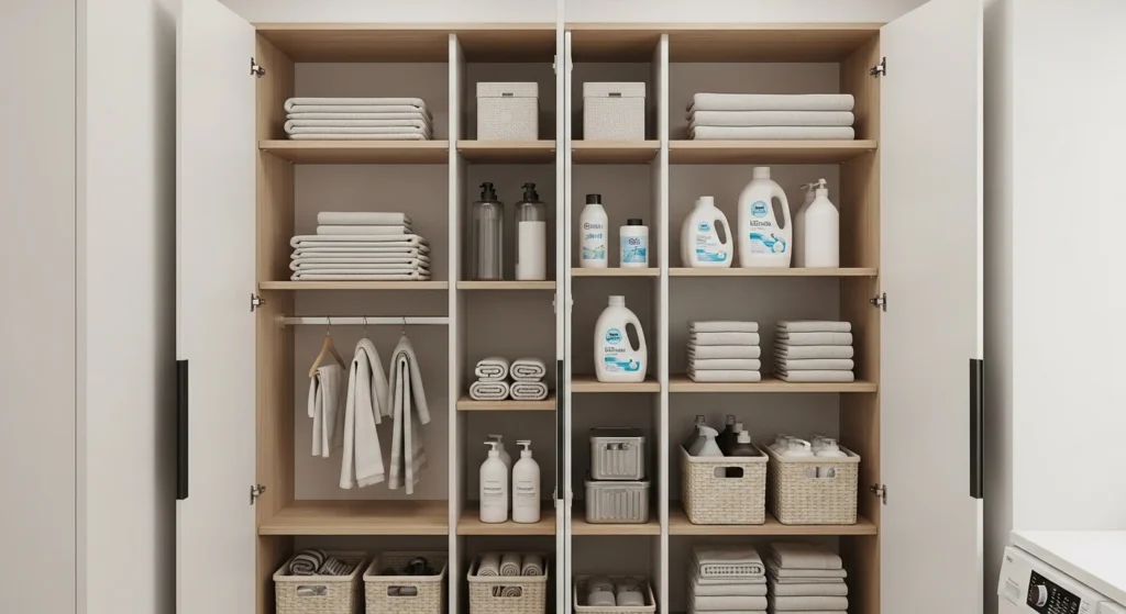 Pantry cabinet with vertical dividers organizing trays and cleaning tools
