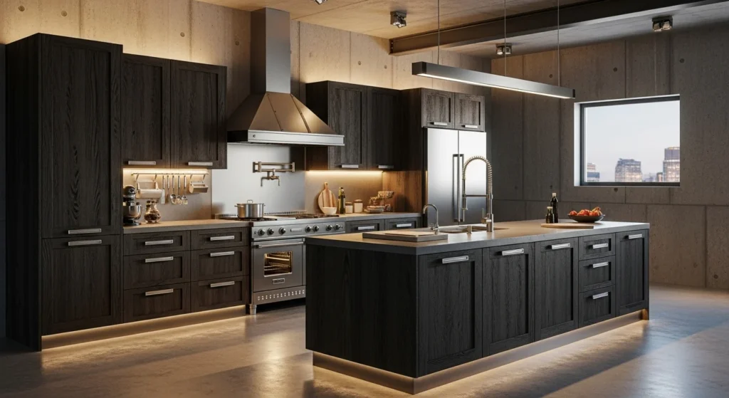 Industrial-style wood kitchen with metal hardware and warm cabinetry, modern 2026 interior