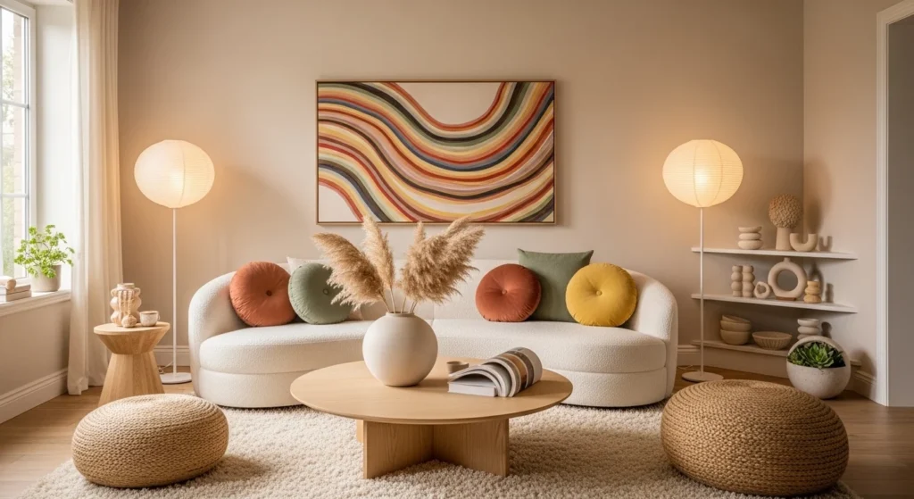 Living room decorated with rounded and organic decor pieces