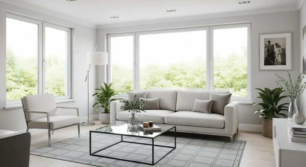 Compact living room featuring glass coffee table that keeps the space visually light