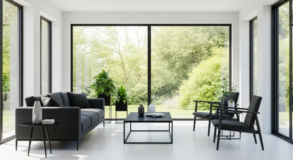 Sunroom with dark accent furniture and bright windows
